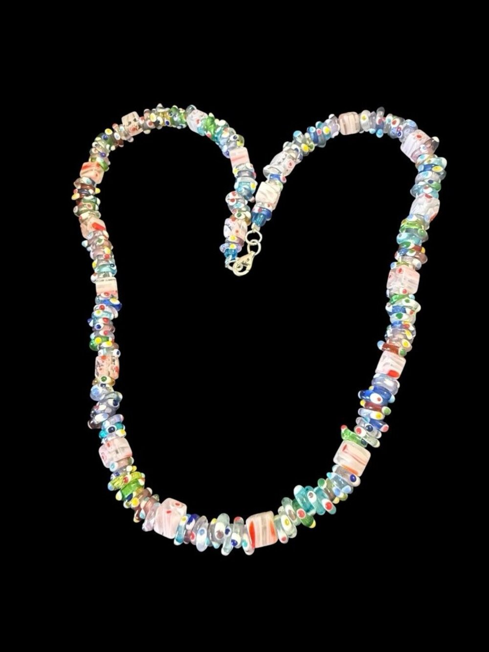 Vintage 925 Sterling Silver Murano Millefiori Evil Eye Glass Bead Necklace